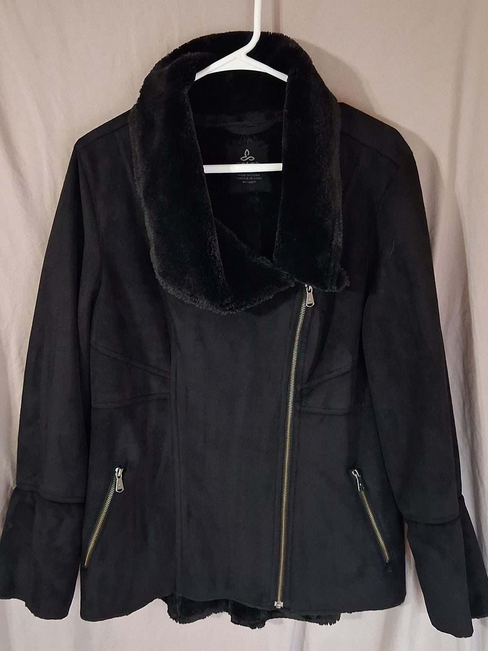 PrAna Lilith Asymmetrical Zip Suede Faux Shearling Jacket Black WOMENS XL